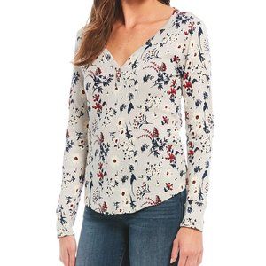 Lucky Brand Floral Print V-Neck Thermal Henley Top